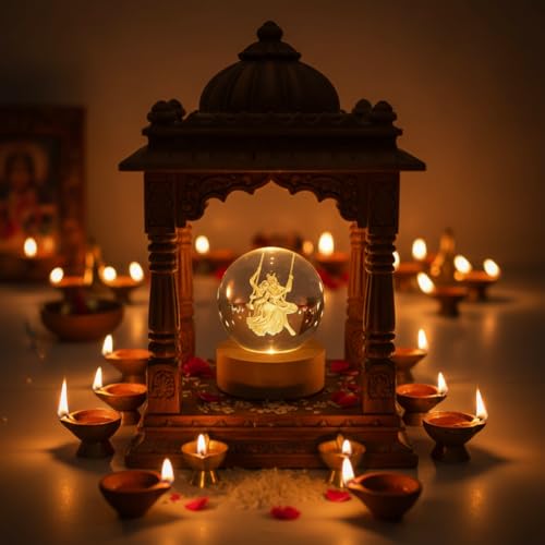 Image of 3D Radha Krishna Swing Crystal Ball LED Night Lamp, Spiritual Engraved Design with Wooden Base, Decorative Night Light for Home Mandir, Gift (Radha Krishna Swing)