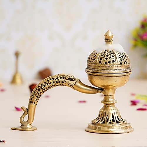 Image of eCraftIndia Golden Brass Dhoop Holder with Handle | Incense Burner for Home Temple Pooja Mandir | Incense Holder Gift for Diwali Housewarming