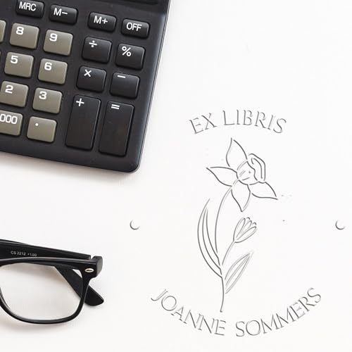 Personalized Bookworm Embossing Seal - Book Seal Press in Red, Blue, Grey, or Pink Handle - March Daffodil Design - Ideal for Booklovers - 'Read It, Love It, Return It' Embossing Stamp, 1-5/8 Size