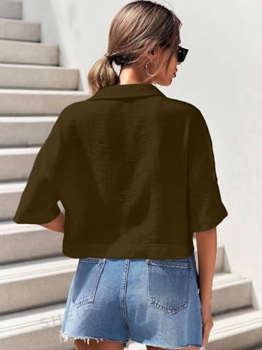 Image of TOPLOT V-Collar Solid Crop Shirt for Women with Half Sleeves, Polyester, Regular Fit