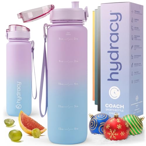 Hydracy Water Bottle with Time Marker -Large 32oz BPA Free Water Bottle -Leak Proof Gym Bottle with Fruit Infuser Strainer & Times to Drink - Gradient Lilac Blue