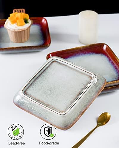 HENXFEN LEAD Square Dessert Plates, 4er-Set 6 inch Ceramic Plates for Steaks / Vegetables / Apple Strudel / Potato Salad, Gradient Red