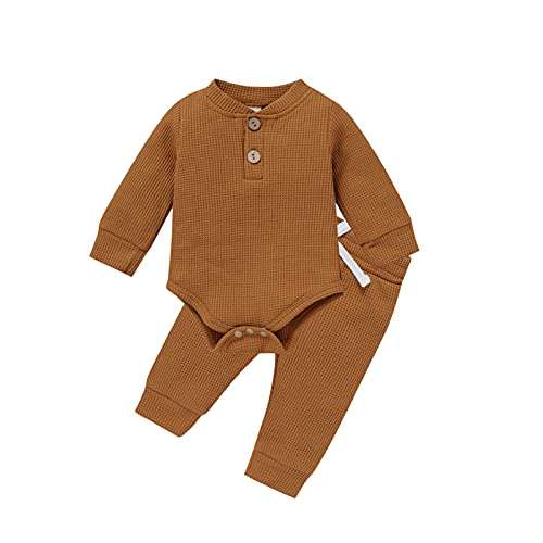 Image of HZYKOK Baby Boy Clothes 0-3 Months Newborn Unisex Baby Long Sleeve Onesies Gender Neutral Baby Clothes 2 Piece Preemie Boy Winter Outfits Waffle Romper + Pants Clothing Set