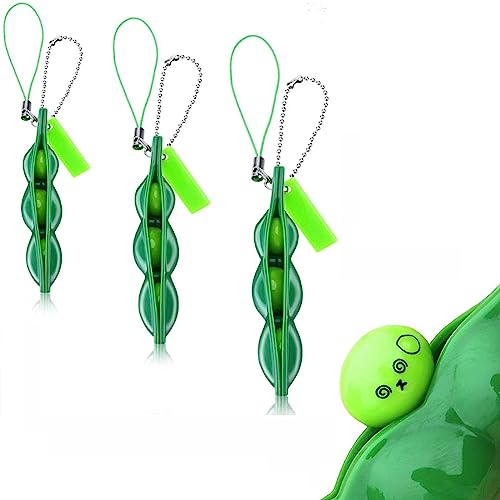 Pea Pod Squishy Keychain (3 Pack) - Sensory Stress Relief Fidget, Soft Squeeze Bean Anxiety Reducer for Adults, Desk & Travel Relaxation Gadget, Novelty Keyring Gift