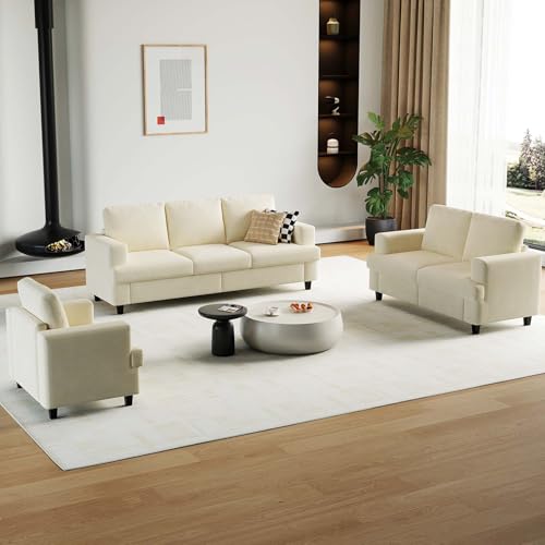 3 Piece Sofa Sets-3 Seater Sofa, Loveseat&Armchair,Chenille Fabric 3-Seat + 2-Seat Couch+ Single Accent Chair Furniture Sets for Living Room(3+2+1 Sofa Sets,Beige
