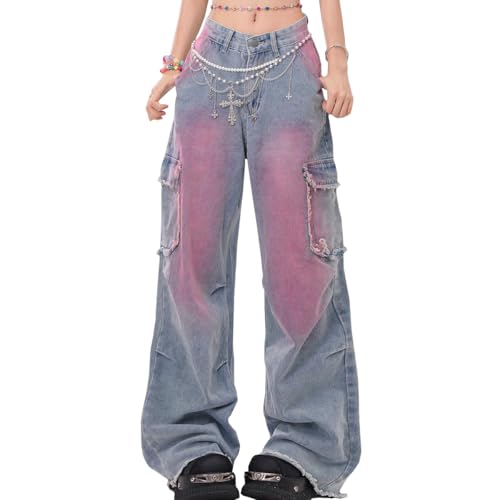 Womens Jeans Fashion Y2K Vintage Casual Low Waist Baggy Wide Leg Pink Tie-Dye Gradient Straight Denim Pants