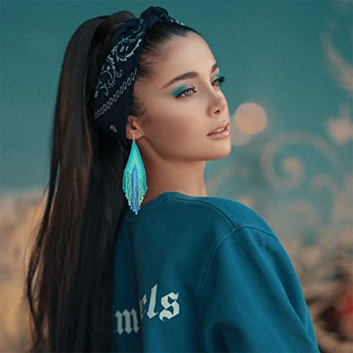 Luluping Long Beaded Dangle Earrings – Boho Native Handmade Seed Bead Tassel Earrings For Women And Girls, Bohemian Large Statement Beaded Drop Fringe Earrings (Blue Beaded Earrings P) #TOP4