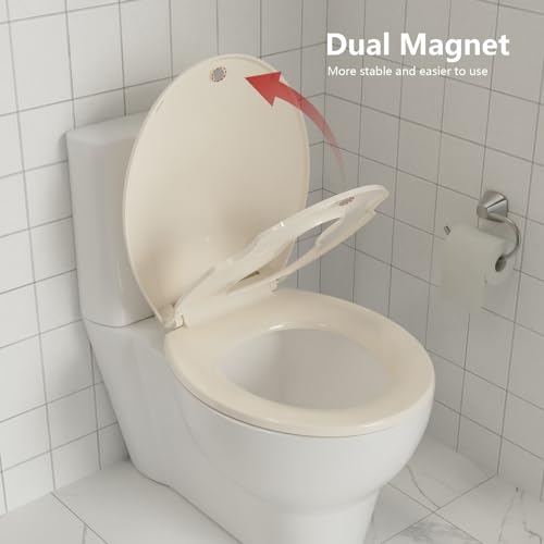 Round Toilet Seat with Built-in Toddler Seat for Easy Potty Training – Slow Close Feature,Easy Install and Clean, Perfect for Both Adults and Children,Almond