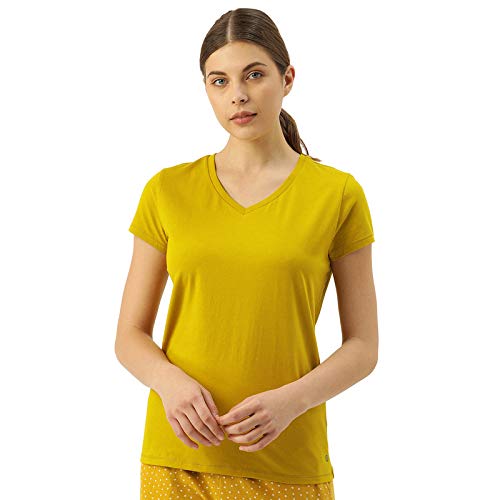 Image of Enamor Short Sleeve Regular Length Pull On Basic V Neck T-Shirt for Women - Slim Fit, Soft and Breathable Stretch Cotton - E067