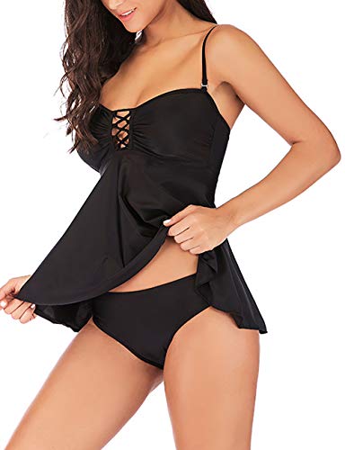 NAFLEAP Women s Floral Two Piece Tankini Swimsuit Sport Swimwear Bathing Suit Dress,Black,L