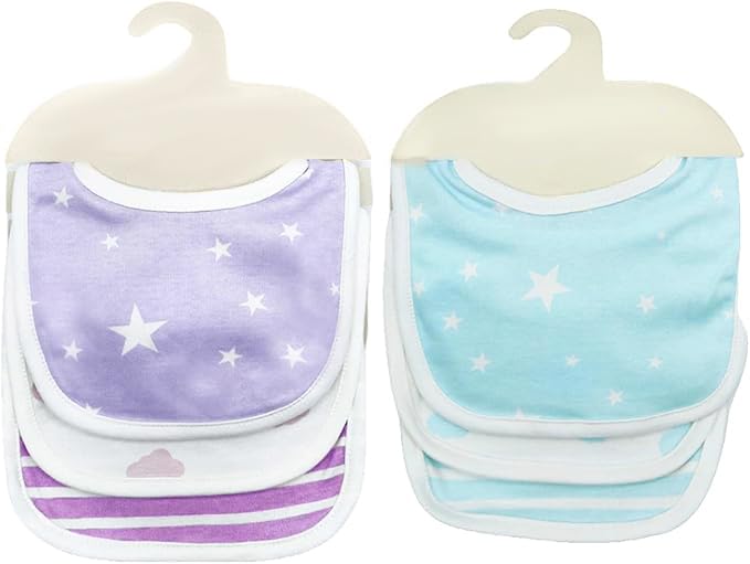 QATAN Organic Cotton Baby Bibs for Newborns & Toddlers (0-36 Months) Pack of 6, Soft, Absorbent, and Comfortable Bib Set for Eating | Unisex (White and lilac. White and blue)