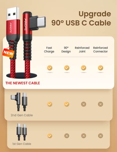 Image of AINOPE USB A to USB C Cable 3.1A 2Pack 6.6FT Right Angle Nylon Type C Cable