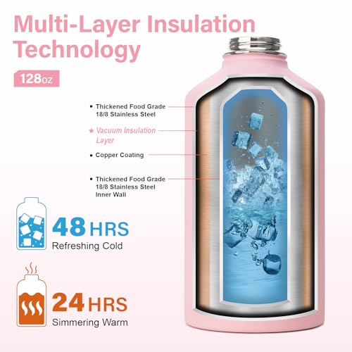 1 Gallon Water Bottle Insulated | Thickened Stainless Steel Vacuum Metal Water Jug | Portable Sports Large for Gym and Hiking with Straw, Carrier Bag, Handle Strap | BPA-Free 128 oz