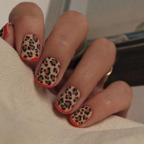 Image of Leopard print Press on Nails Red French Tip Fake Nails Short Square False Nail Fall Winter Nail Press ons Glossy Full Cover Glue on Nails Artificial Acrylic Stick on Nail for Women Manicure 24Pcs