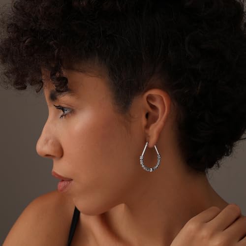 LeCalla 925 Sterling Silver Hoop Earrings - Classic Italian Antique Diamond Cut Textured Earring Hoops | Women's Drop Shape Oval Hoop Earring Jewelry for Women3