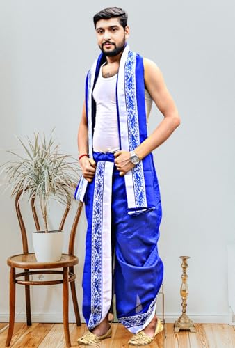 Image of Men's Ethnic | Traditional Ready to wear (Pant System) Readymade Panchakacham Dhoti With Angavastram(Towel) Set, Tassar Silk, Free Size (GC002)