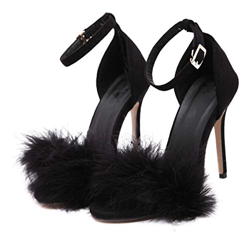 Image of MMJULY Women's Open Toe Ankle Strap Fluffy Feather Stiletto High Heel Dress Sandal