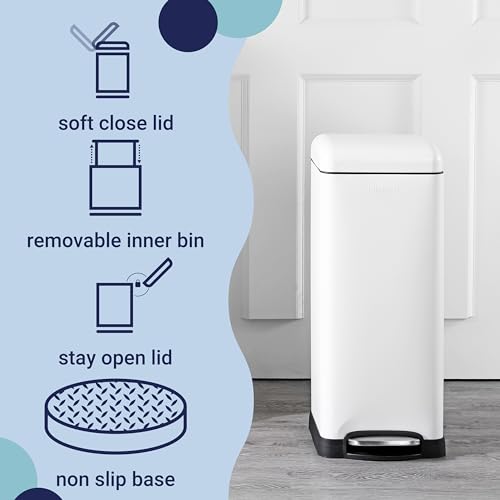 Image of happimess Betty 8 Gal Step Trash Can Soft-Close Lid, Cotton White | Fingerprint Resistant, Removable Liner, Semi-Rectangular, Steel Pedal, Iron Powder Coated, 27 inch Height, Non-Skid Base