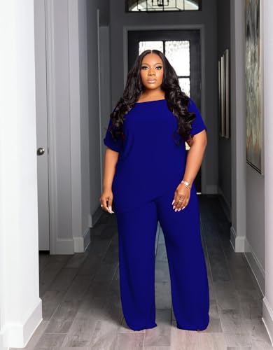 TOPSRANI Womens Plus Size Two Piece Outfits Sweatsuits Casual Tracksuit Short Sleeve Loose Baggy Wide Leg Long Pants Sets3