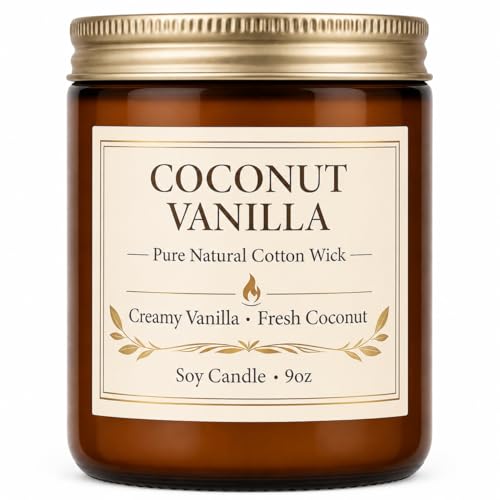Coconut Vanilla Candle 9 oz Soy Coconut Wax Scented Candle for Home Vanilla Coconut Aromatherapy Candle Clean Burning Jar Candle for Bedroom Bathroom Spa Candle Gifts for Women Men