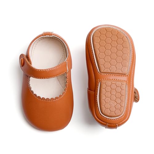PHIRAMIN Baby Girls Brown Mary Jane Flats - Infant 2.5-3 Years Walking Shoes Soft Rubber Sole Princess Wedding