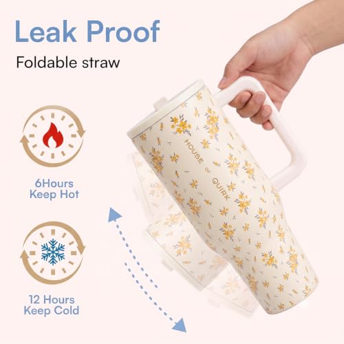 Image of House of Quirk 1200ML Tumbler with Handle & Simple Flip Straw - Car Cup Holder Friendly, Leak Resistant Water Bottle-Reusable Insulated Stainless Steel & Rubber Base (Cream Daisy)