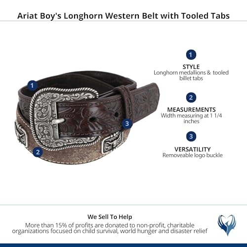 ARIAT Youth Boys Floral Tooling Longhorn Conchos Belt, Brown, 223