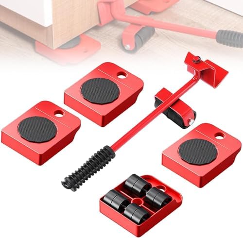 Furniture Lift Mover Tool Set,Furniture Lifter Tool Furniture Movers with Adjustable Height Lifting Tool Lever & 4 Wheels,Mover Dolly Sliders Tool for Heavy Furniture Appliances (Red, One Size)