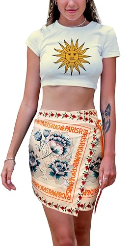 Womens Summer Boho Floral Wrap Skirt Beach Vacation Clothes for Women High Waist A-Line Tie Skirt