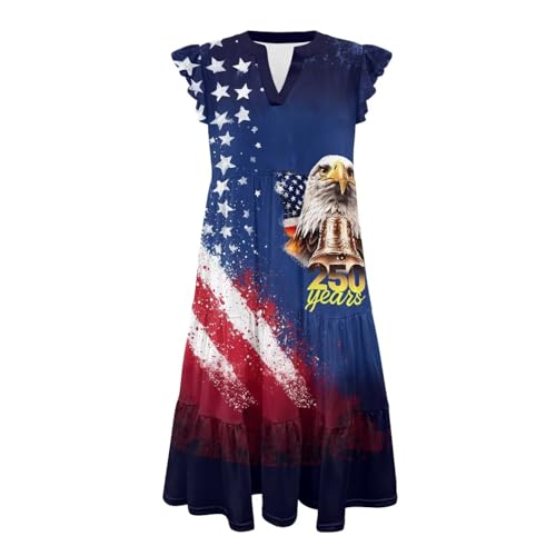 Image of Women's Casual Ruffle Sleeve Dress V Neck Pullover Dress Flowy A-Line Pleated Lightweight Dress with Pockets