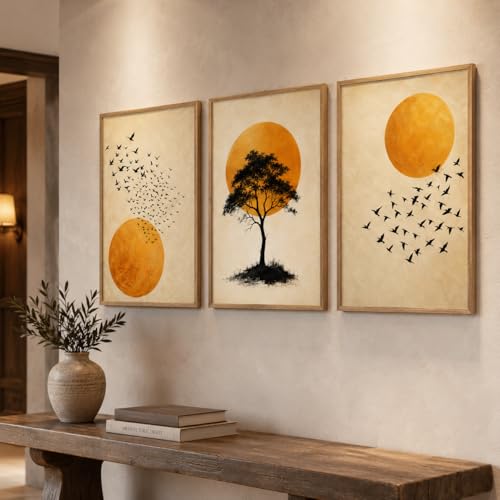 Image of Artify Set of 3 Tree Birds Sun Wall Painting for Living Room Bedroom Hall Office Decor, Premium Wooden Synthetic Frame Nature Artwork Gift