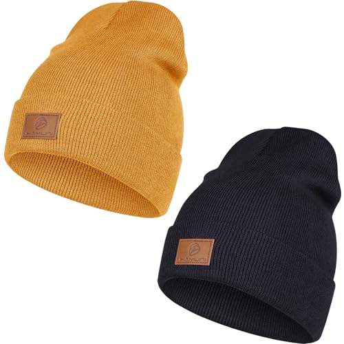 HAMUNI Beanie Mütze für Herren Damen, Klassische Wintermützen Bequem Atmungsaktiv Weich Acryl Beanie Hat Strickmütze Vintage Einfarbig Strick Bündchen Beanies Unisex (Schwarz+Goldgelb)