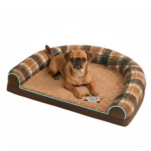 LifetipsプチブラバンソンU型 ペットベッド 犬 猫 クッション ソファ 丸洗い可 滑り止め 保温 四季対応 小型犬 中型犬 大型犬 多頭飼い 快適 枕付き 軽量 カバー取り外し インテリアに馴染む 圧縮梱包 極厚 やわらか 防汚 通気性(ブラウン、