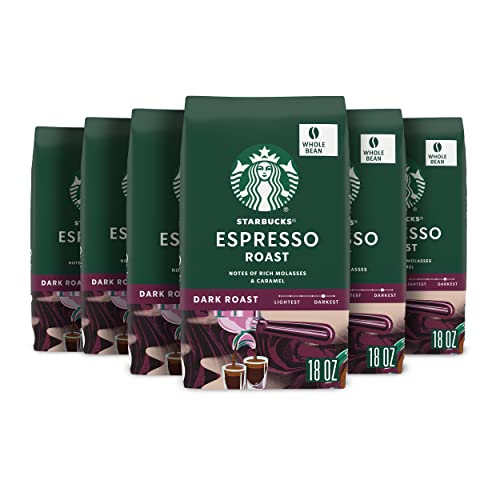 Starbucks Whole Coffee Beans, Dark Roast Hot or Iced Coffee, Espresso Roast, Six 18 oz Bags​
