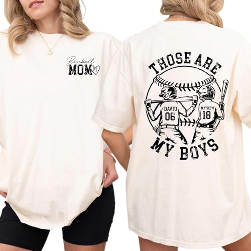 Personalized Baseball Mom 2 Boys T-Shirt, Custom Baseball Name Multiple Kids Sweatshirt, Baseball Jersey Number 2 Players Tee, Cheer Mom Hoodie, Sports Mom Dad Gifts, Baseball Mother's Day Gifts
