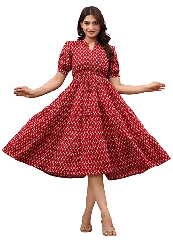 Image of LABEL ADRIJA Pure Cotton Calf Length Midi Dress for Women Floral Print | Flared Anarkali Dress Puff Sleeves