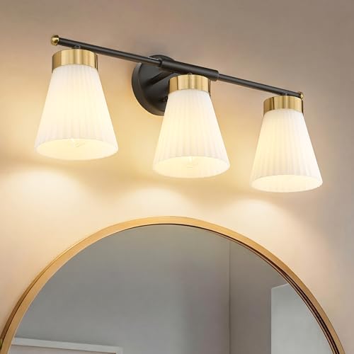 Image of Bathroom Vanity Light, HWH 3-Light Wall Light Fixture for Bathroom Bedroom, Black and Gold Vanity Lights with Frosted Milk White Striped Glass, 5HZG97B-3W BK+BG
