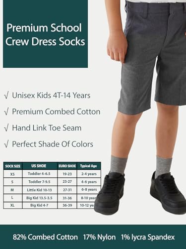Image of COTTON DAY Unisex Kids Youth Boys Girls Soft Cotton School Crew Dress Socks Seamless Toe Black White Gray Navy 6 Pack