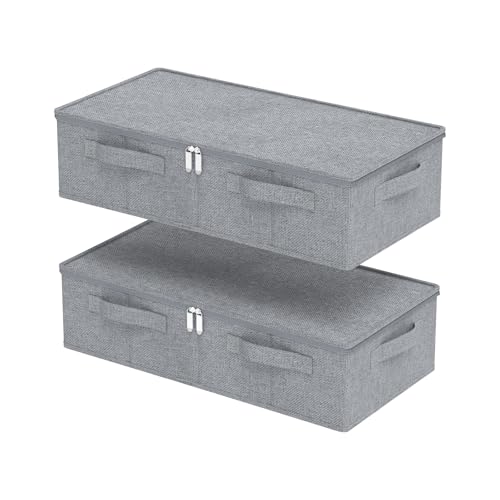 ENUMAIL 2 Piezas Bolsa de Almacenaje Plegable Bajo la Cama con Tapa, Cajas de Almacenamiento con Manijas, Para Colchas, Ropa, Mantas y Zapatos, 60×30×15cm, Gris
