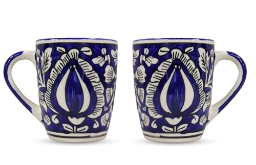 Image of Saras Aajeevika 2 Pc Hut Handpainted Ceramic Coffee Mug - 330ml Handmade Tea /Milk Mug Cup Set for Kitchen Glossy Finish Kids Glass Drinkware -Mircowave & Dishwasher Safe Ideal for (Design 8)