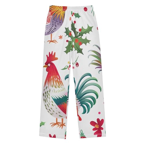 ZZXXB Xmas Rooster Holly Leaves Boys Long Pants Soft Trousers Elastic Waist Kids Lounge Bottoms with Pockets S-XL