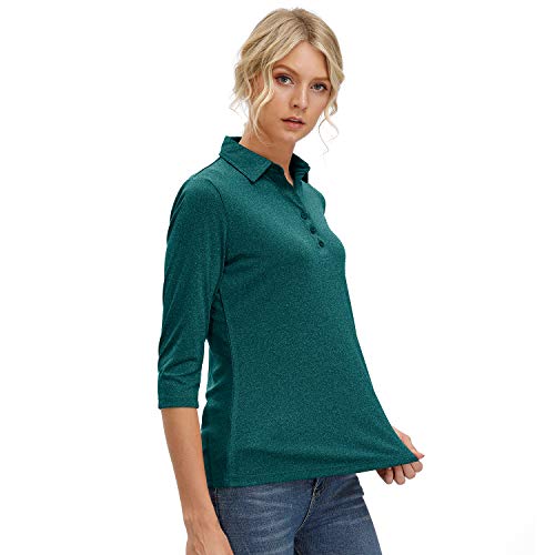 Women's 3/4 Sleeve V Neck Golf Shirts Moisture Wicking Performance Knit Tops Fitness Workout Sports Leisure T-Shirt (Dark Green, L) #TOP4