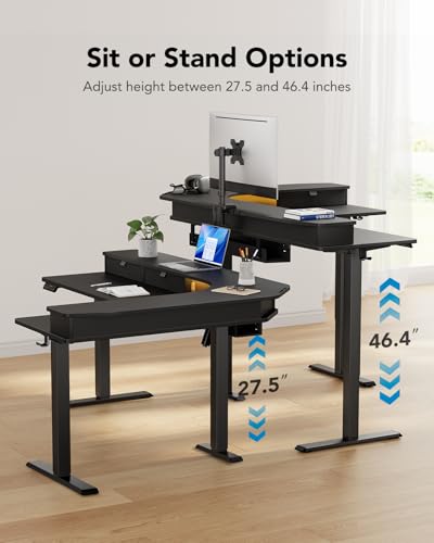 Image of HUANUO 65″ L-Shaped Standing Desk with Power Outlets & LED Strip, Electric Height Adjustable Corner Computer Desk, Sit Stand Up Desk with 3 Drawers, Black