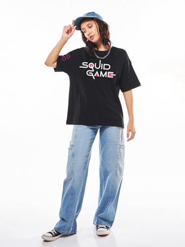 Image of Bewakoof X Squid Game Women's Cotton Jersey Graphic Print Oversized Fit Half Sleeve Round Neck T-Shirt | Casual wear | Streetwear | Oversized Tshirt for Woman Cotton| Baggy