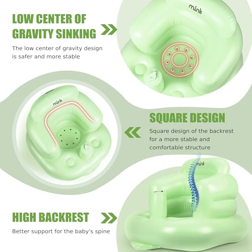 Image of Mink Inflatable Baby Seat for Babies 3 Months & Up, Blow Up Floor Baby Chair with Back Support, Fence & Built-in Air Pump, Sit Me Up Inflatable Chair for Sit Training, Feeding, Travel (Grass Green)