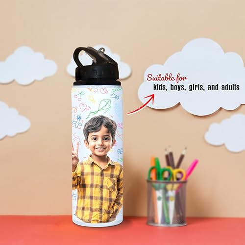 Image of SAVRI Personalized Aluminum Water Bottle Custom Photo Printed with Name 750 ml - Lightweight, Eco-Friendly Design Nozzle Sipper Perfect for gym lovers, runners