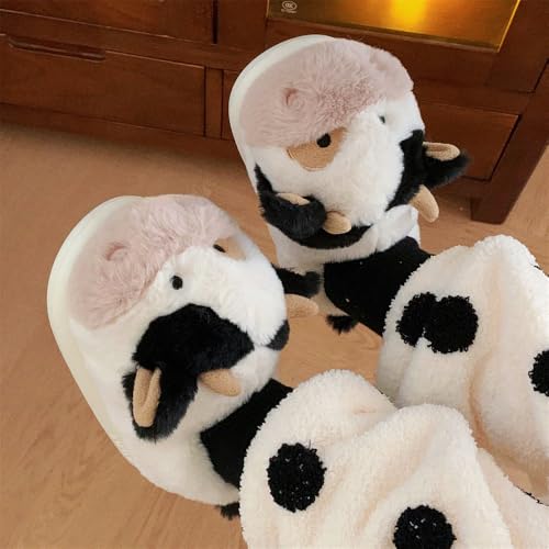 Kawaii Cow Slippers for Women Teen Girls Fuzzy Home Slippers Fluffy Soft Plush Warm House Slippers for Women Men (13,White,14)3