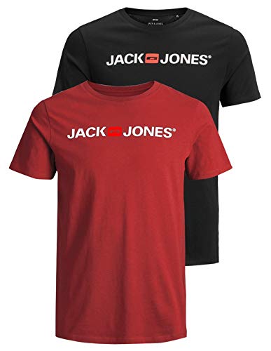 Jack & Jones Packung mit 2 T-Shirts in Übergröße, Rundhalsausschnitt, Druck, Design Logo Oversize, 2er Pack (1 x Rio Red / 1 x Schwarz)… – Ansicht 1