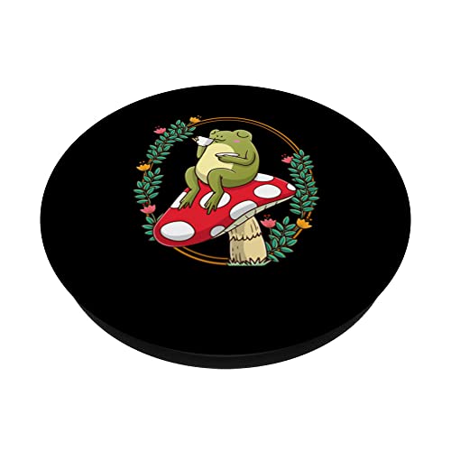 Frog Sipping Tea On Mushroom Cottagecore Kawaii Aesthetic PopSockets Swappable PopGrip, Black - Image 2