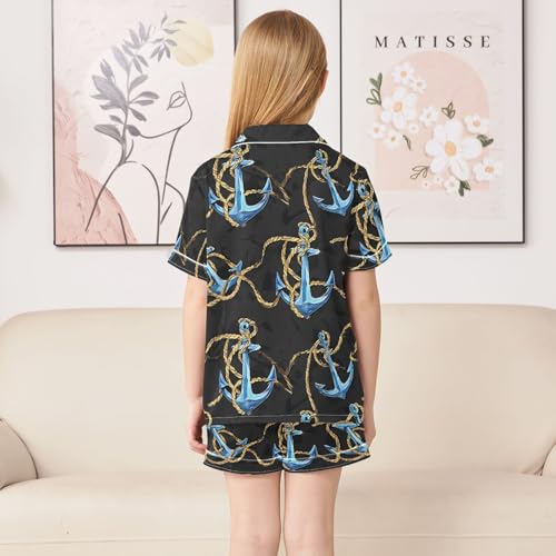 ALAZA Blue Anchor Black Satin Pajamas Set Short Sleeve Button Down Sleepwear Summer Pjs 2 Piece4